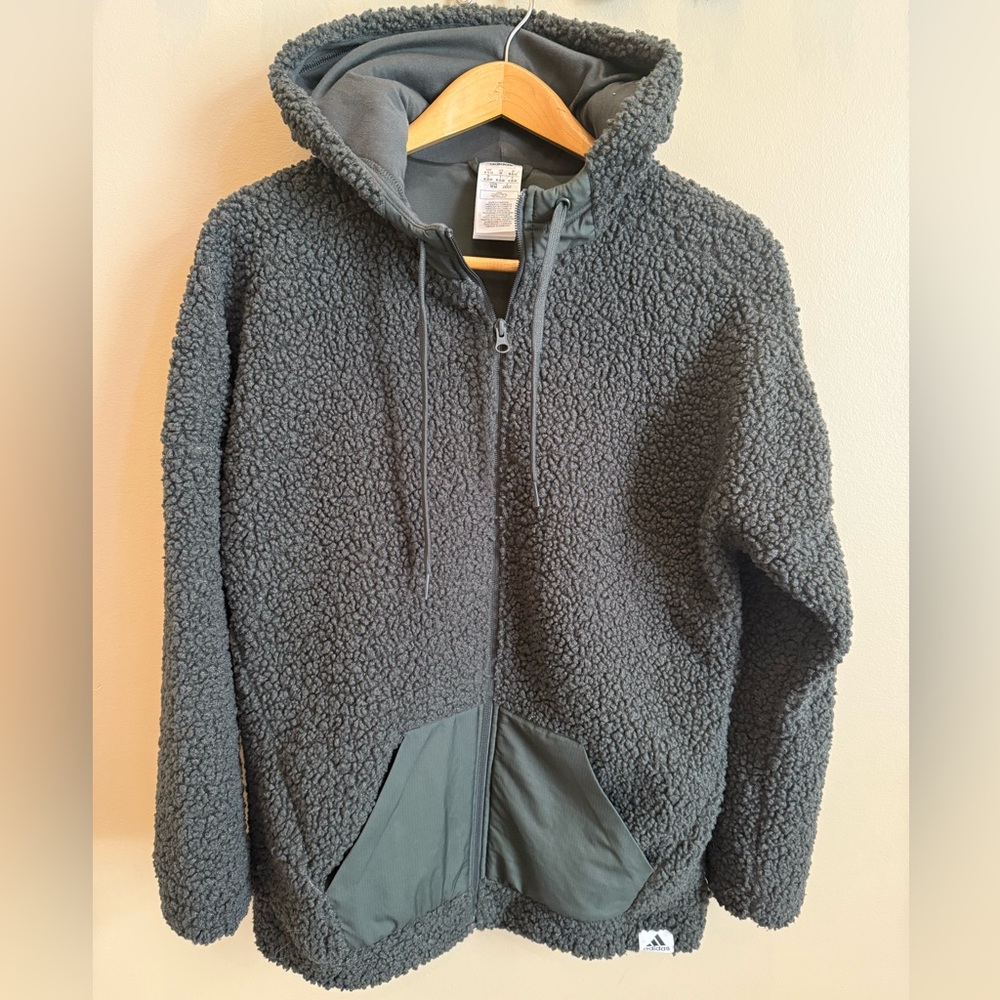 Adidas Women's Brilliant Basics Dark Green Sherpa Zip Up Hoodie - Picture 2 of 6